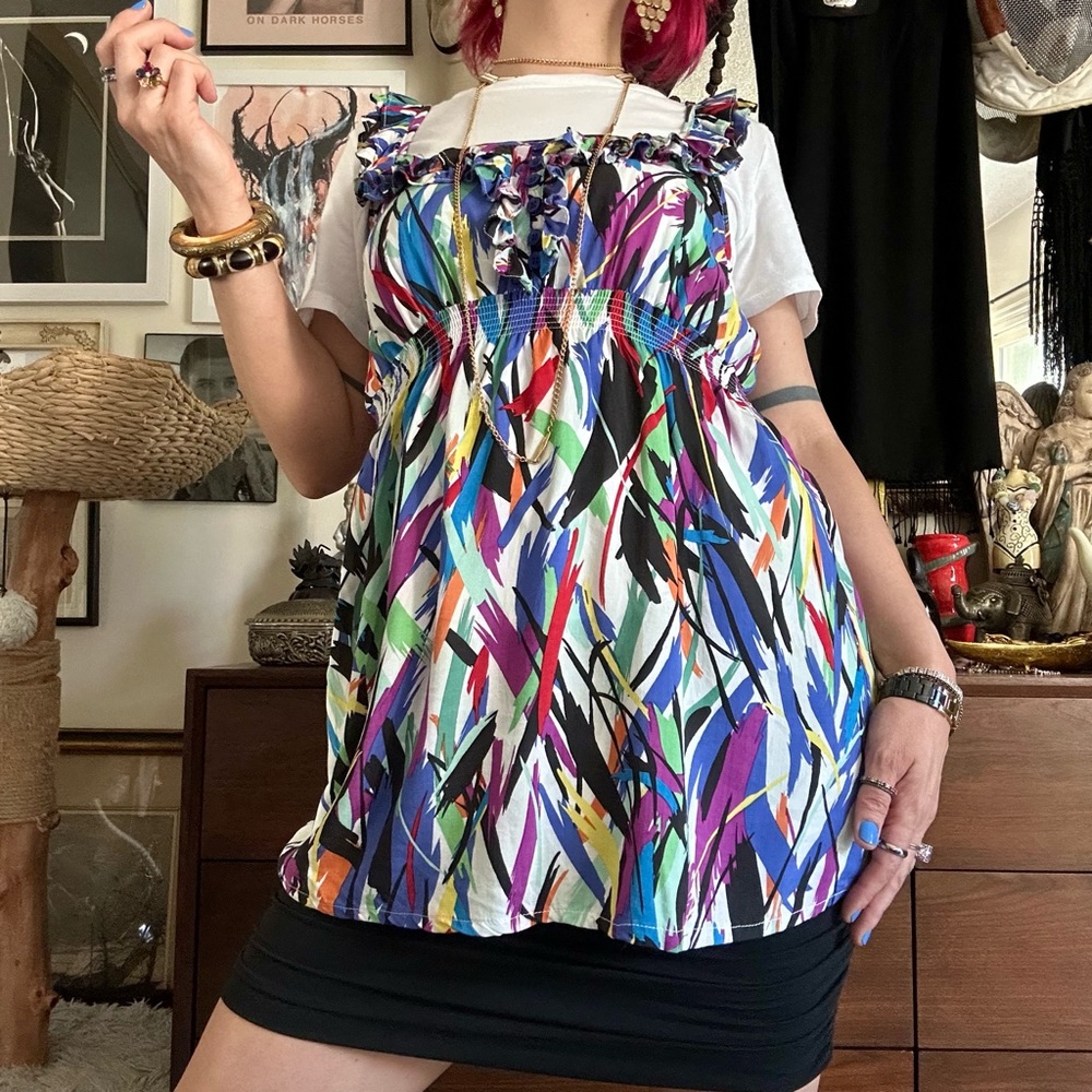 sidecca abstract print ruffle babydoll tank / size medium